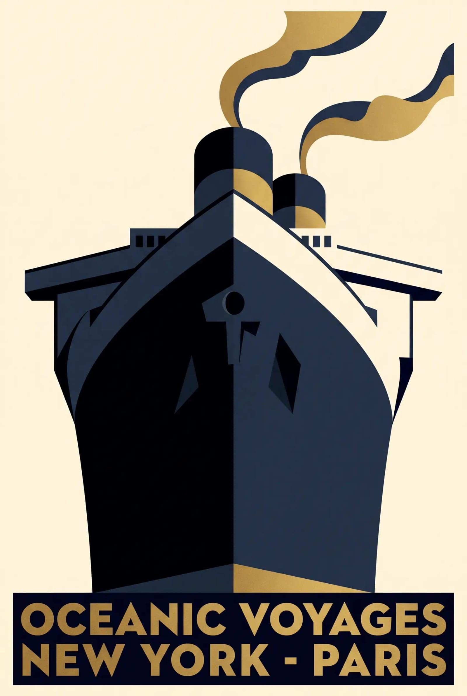 Art Deco Travel Poster, Streamlined geometry, an extreme low angle and gold on deep blue