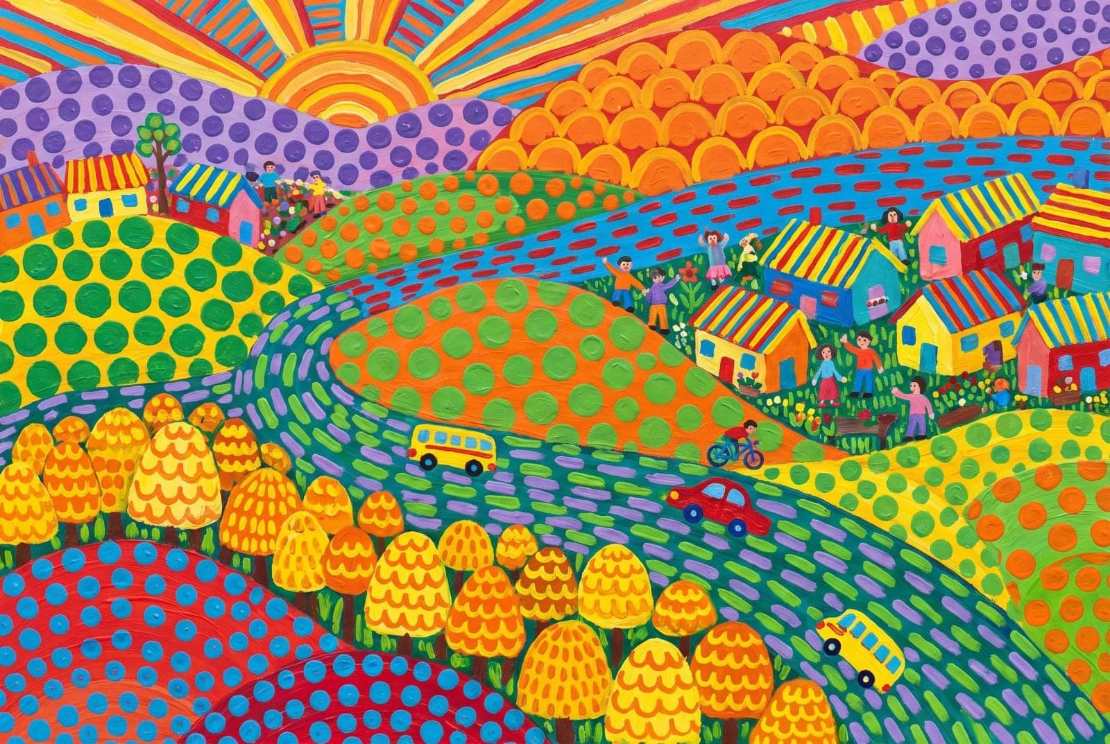 Dotted Folk Landscape, A busy bright landscape where every surface is filled with dots and marks