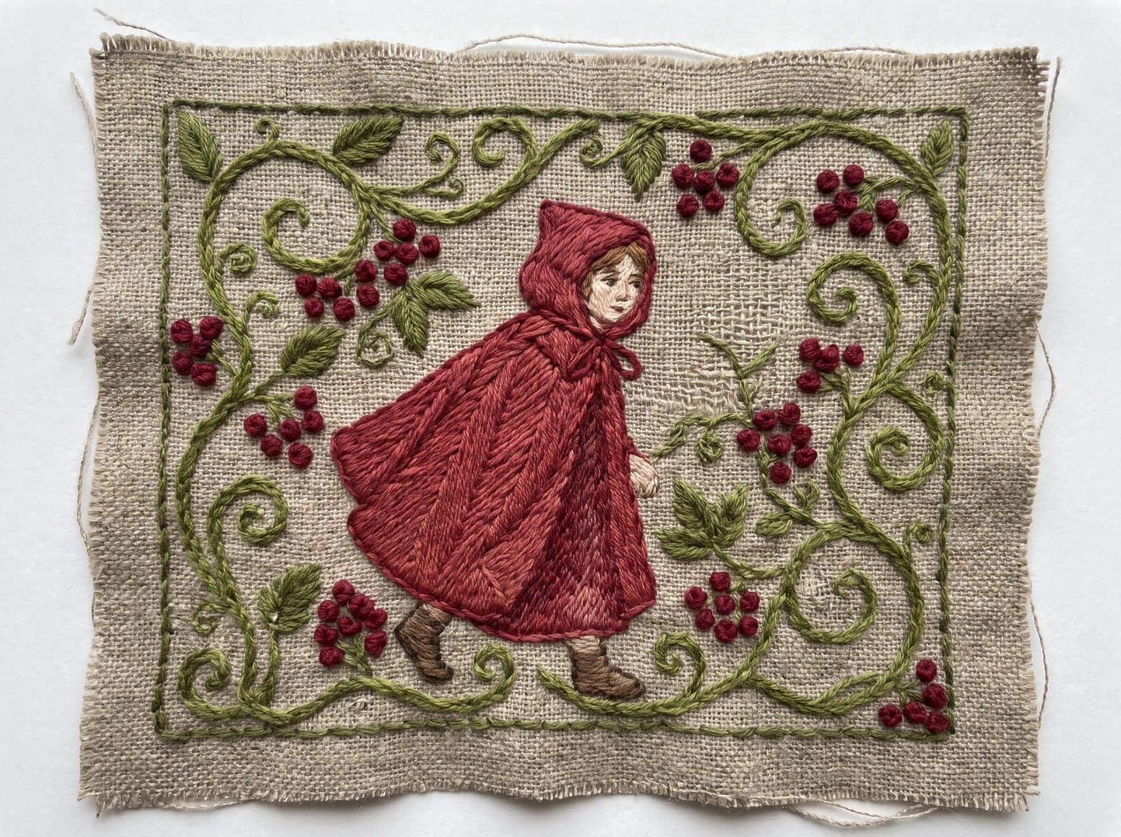 Embroidered Tapestry Panel, A scene stitched in thread, with the weave showing through everything