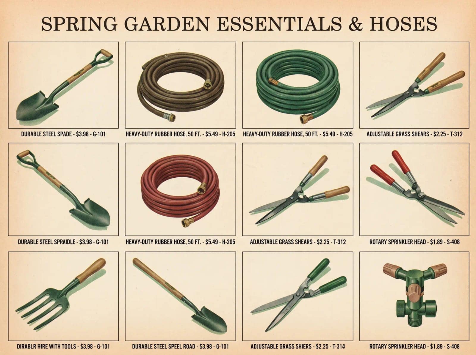 Mid-century Catalogue, Products in a strict grid, warm print colour and a lot of small captions