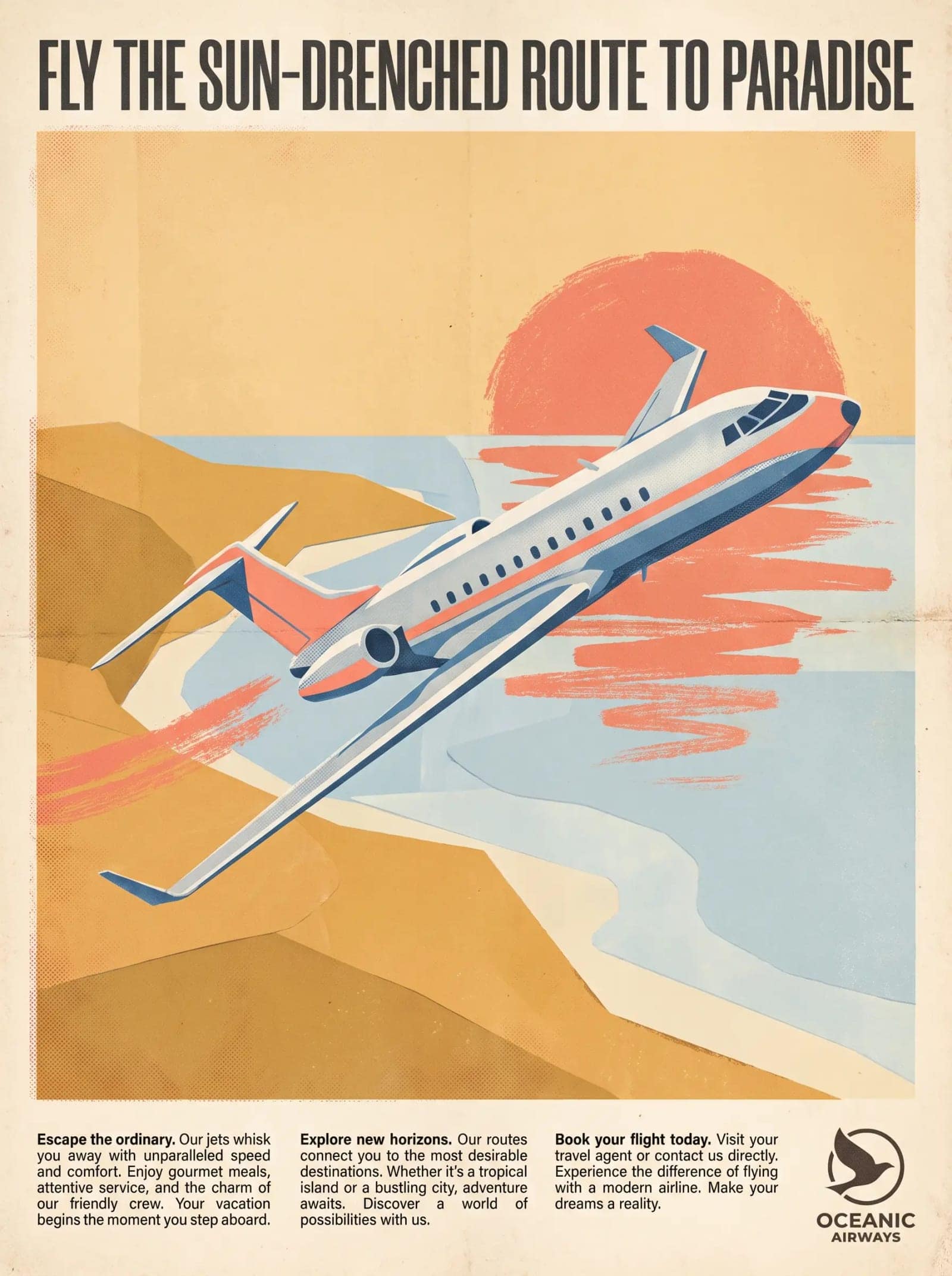 Retro Airline Advertisement, Jet age optimism, cut paper shapes and a headline that promises everything