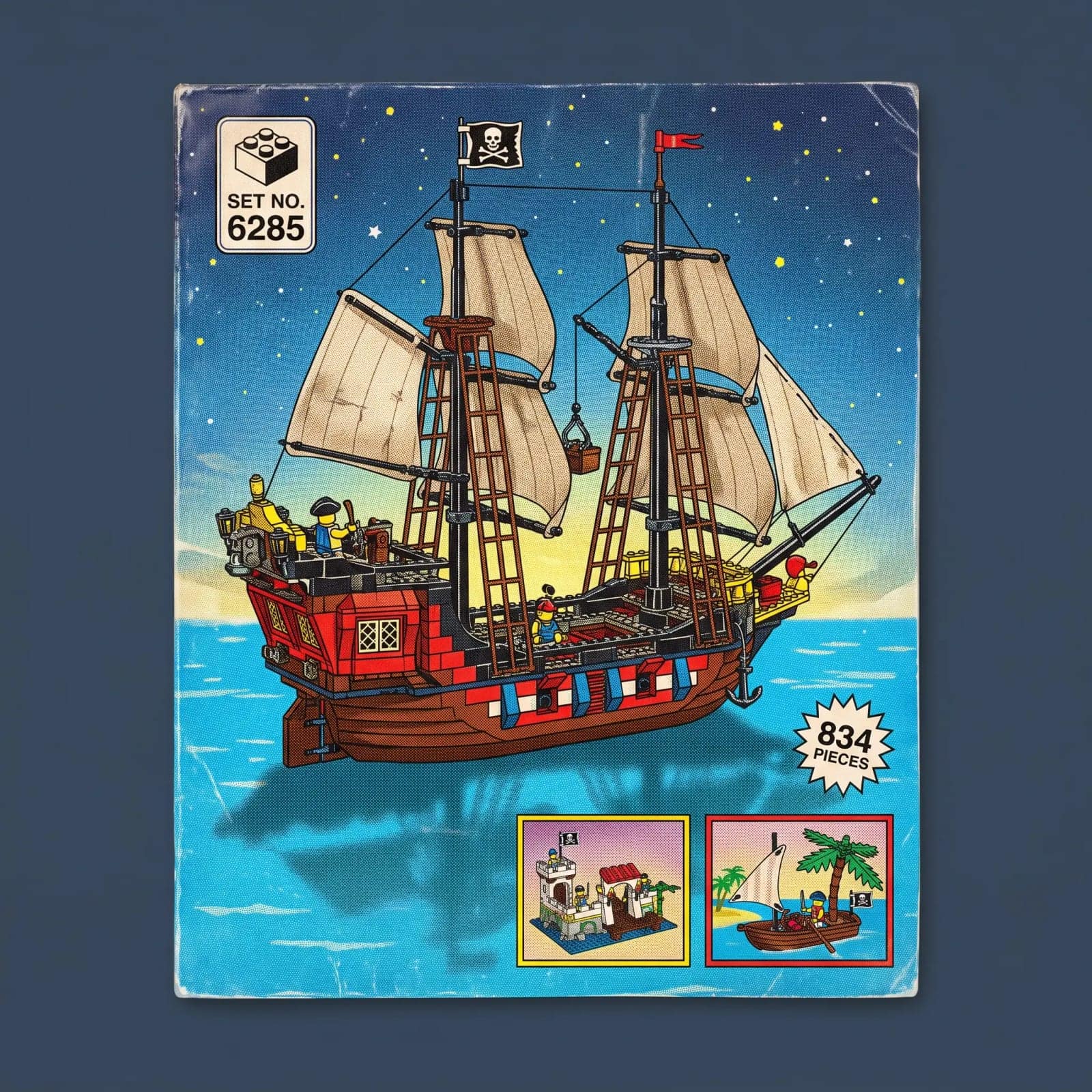 Toy Brick Box Art, A built model photographed on primary colour, with a set number badge