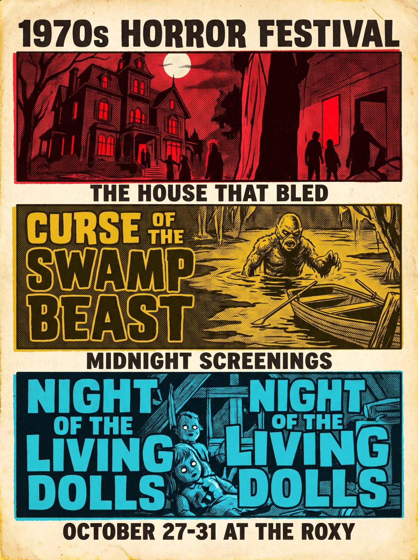 Vintage Film Festival Poster, Several illustrated panels, heavy retro type and a programme to sell